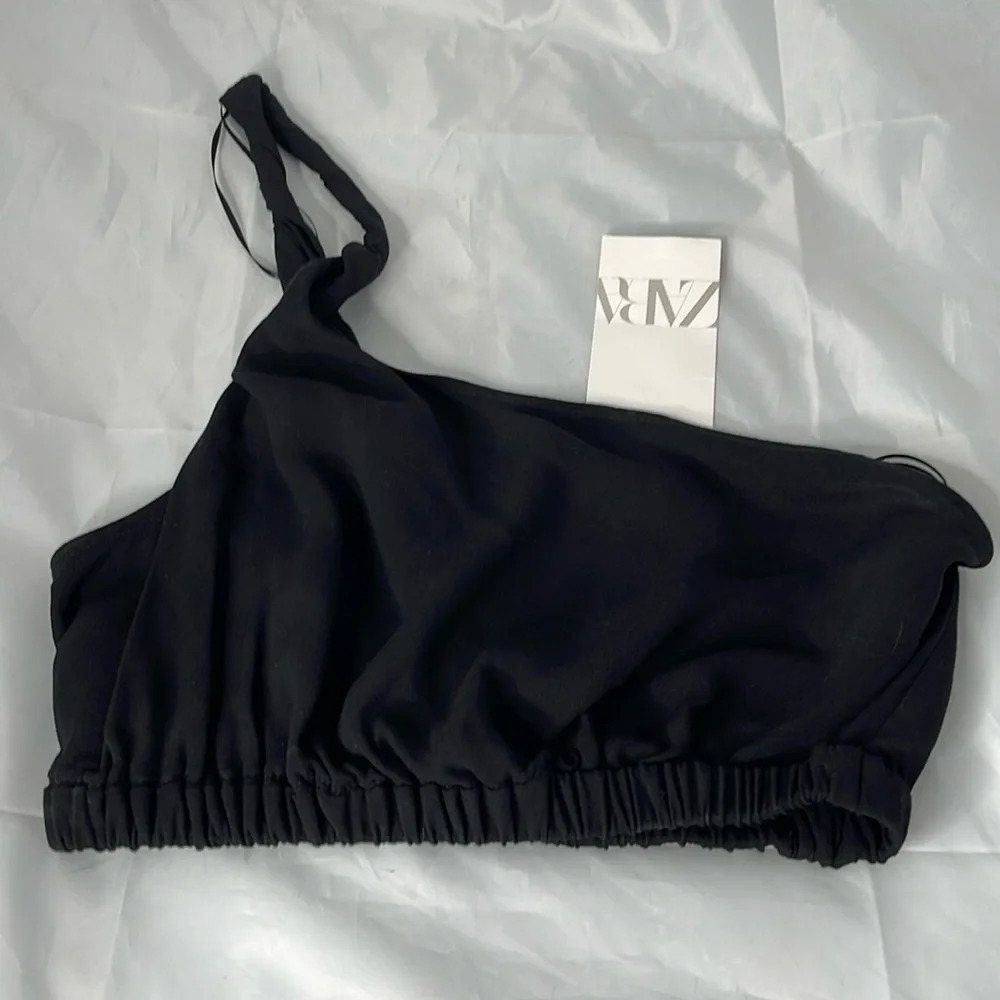 ZARA NWT Black Twisted One Shoulder Crop Top Elastic Band Hem Lined Summer L - Picture 7 of 7
